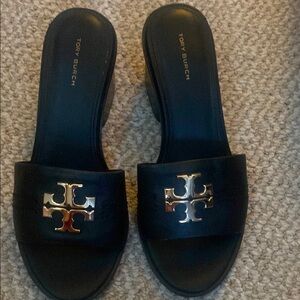 Tory Burch Black Mules with Gold Logo